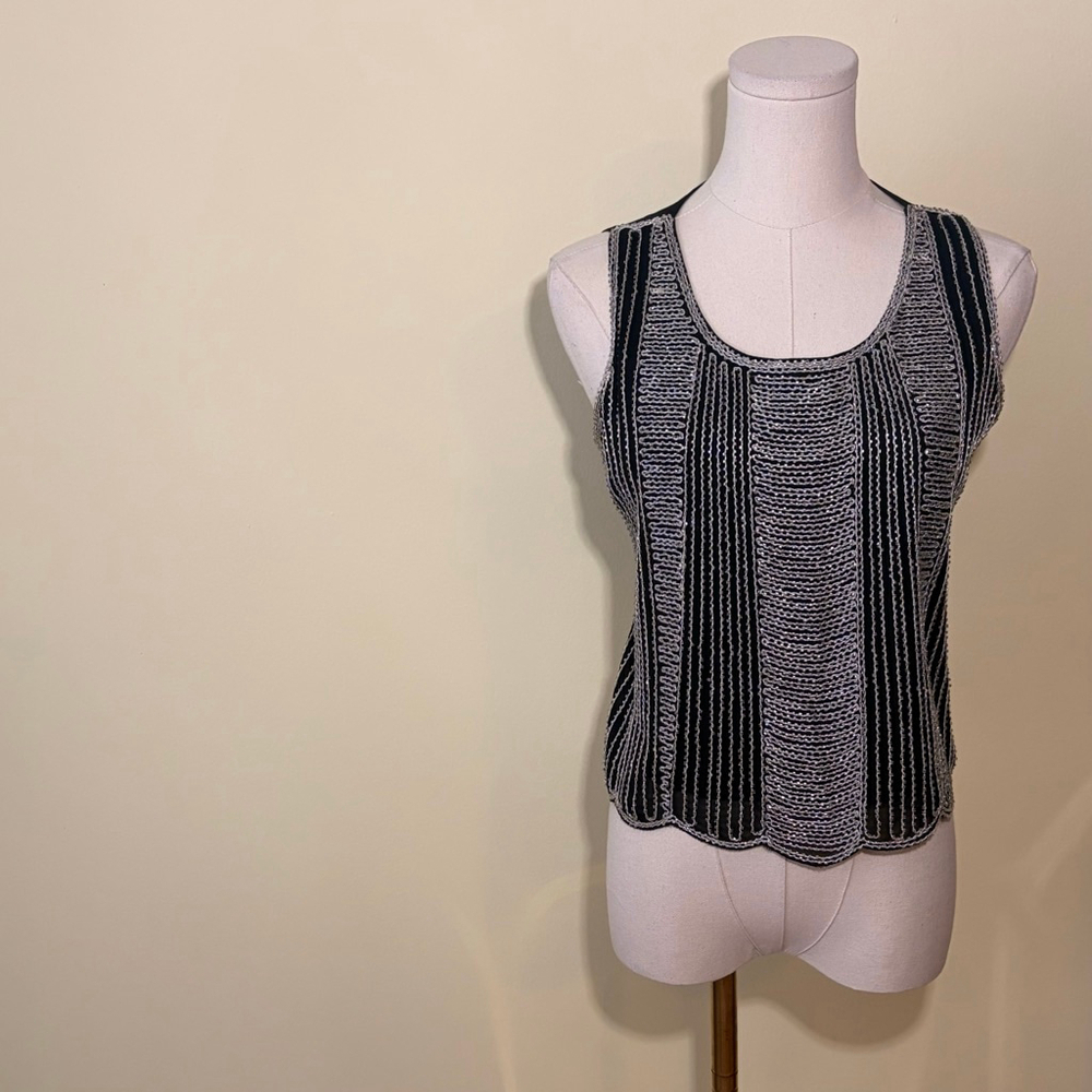 The Vintage Shop Women’s Black Silver Beaded Cropped Scalloped Hem Top S/M